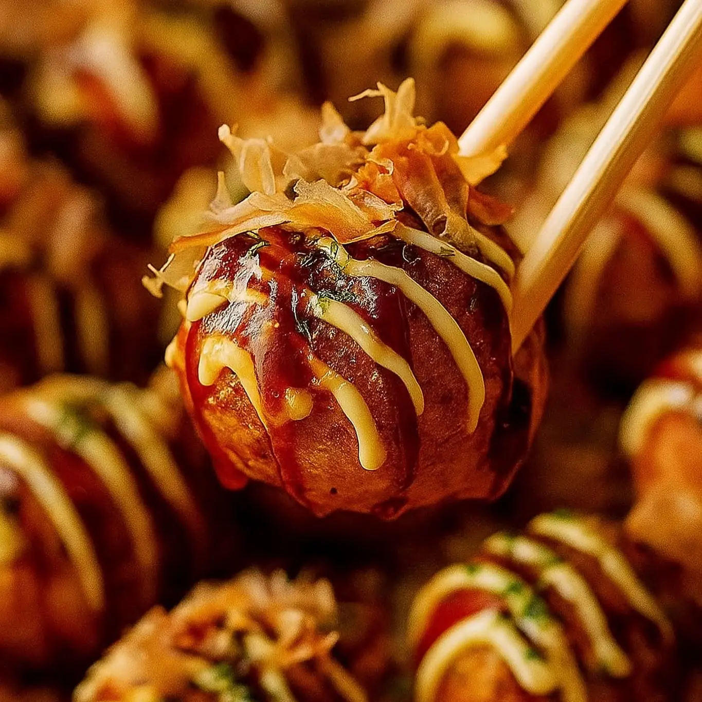A takoyaki ball with sauce, mayo, nori and bonito flakes lifted with chopsticks from a full tray